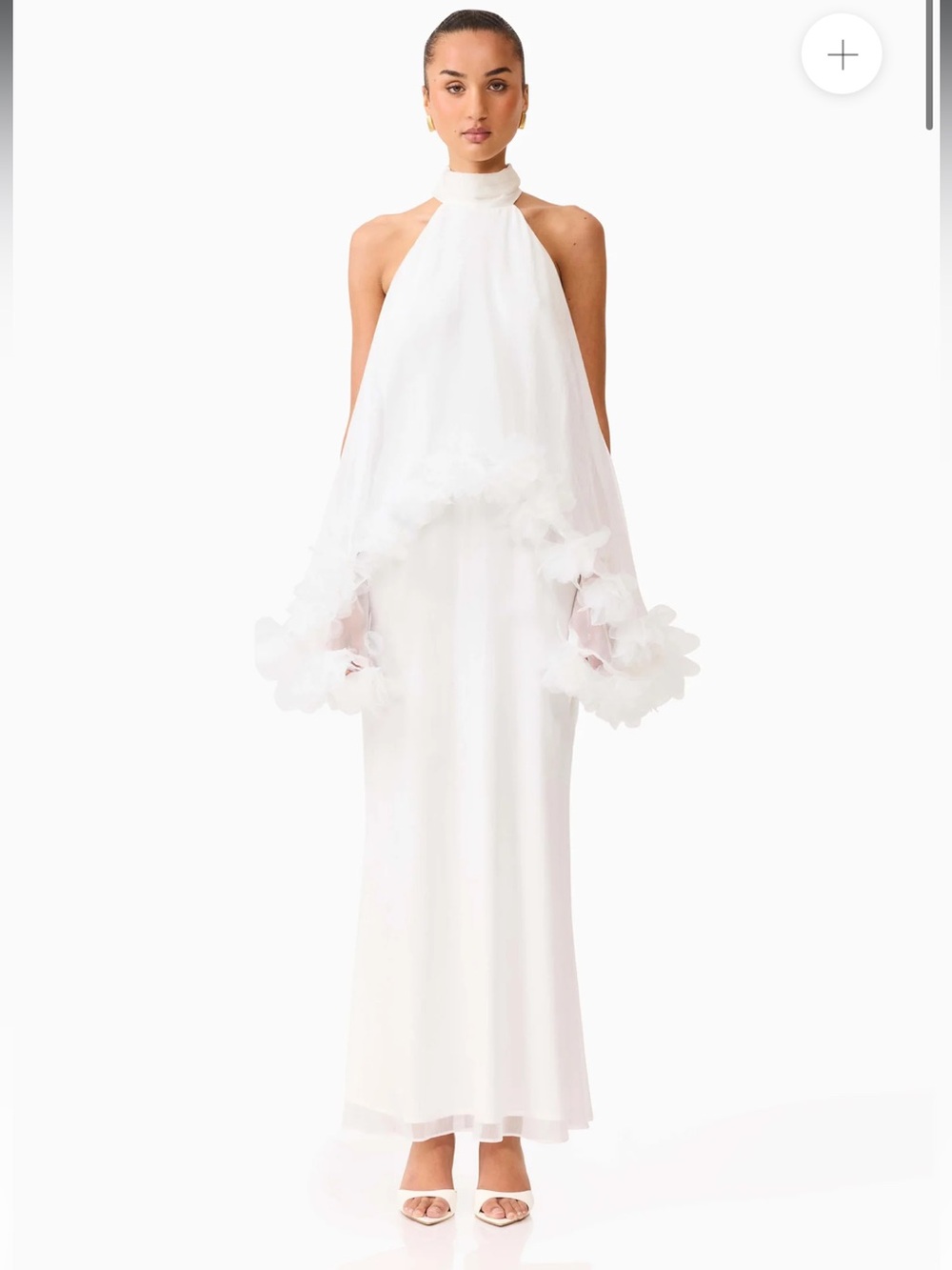 elliatt poppy white 3d floral trim hi-lo cape gown statement maxi dress large